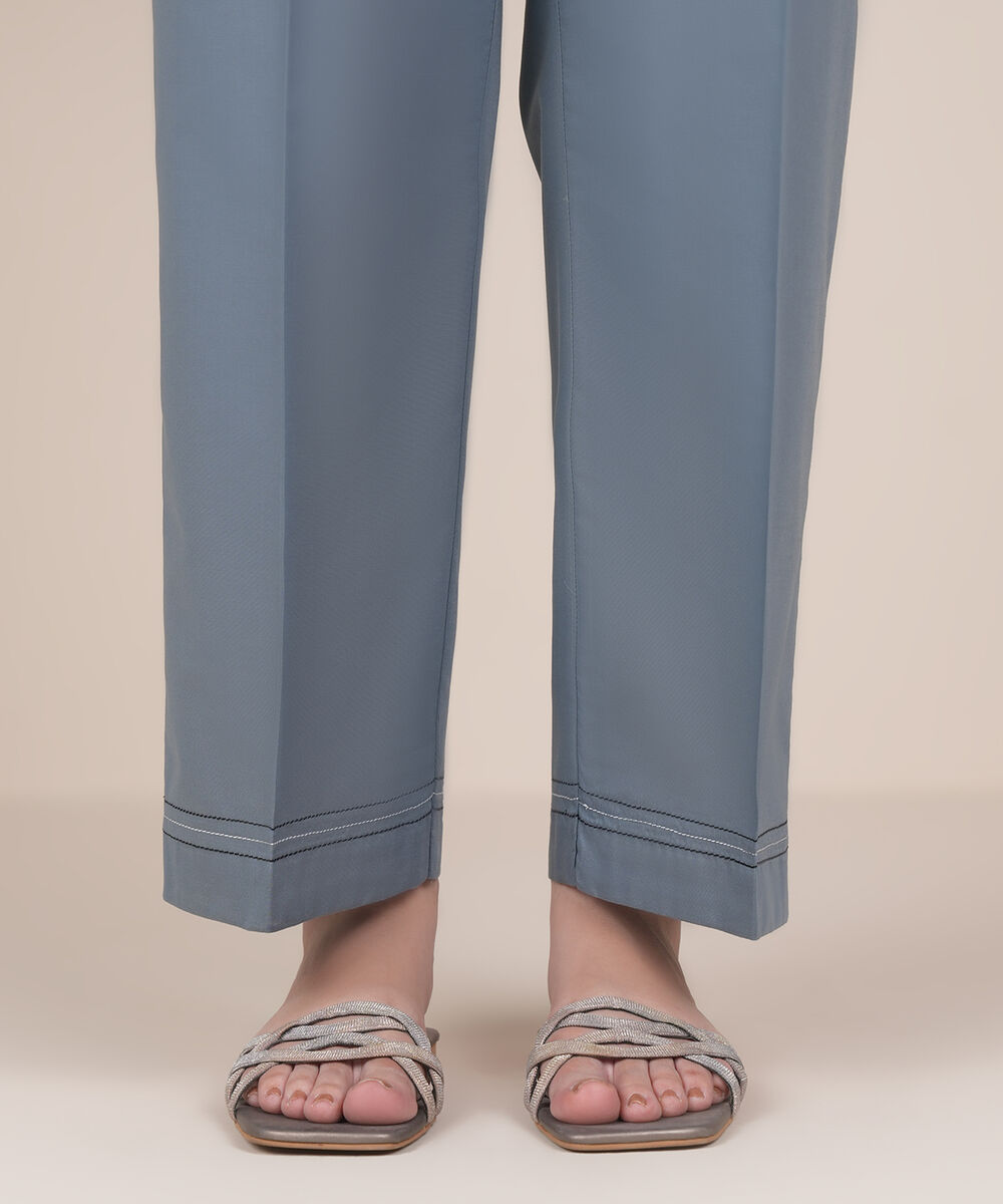 Women's RTW Cambric Blue Solid Straight Pants