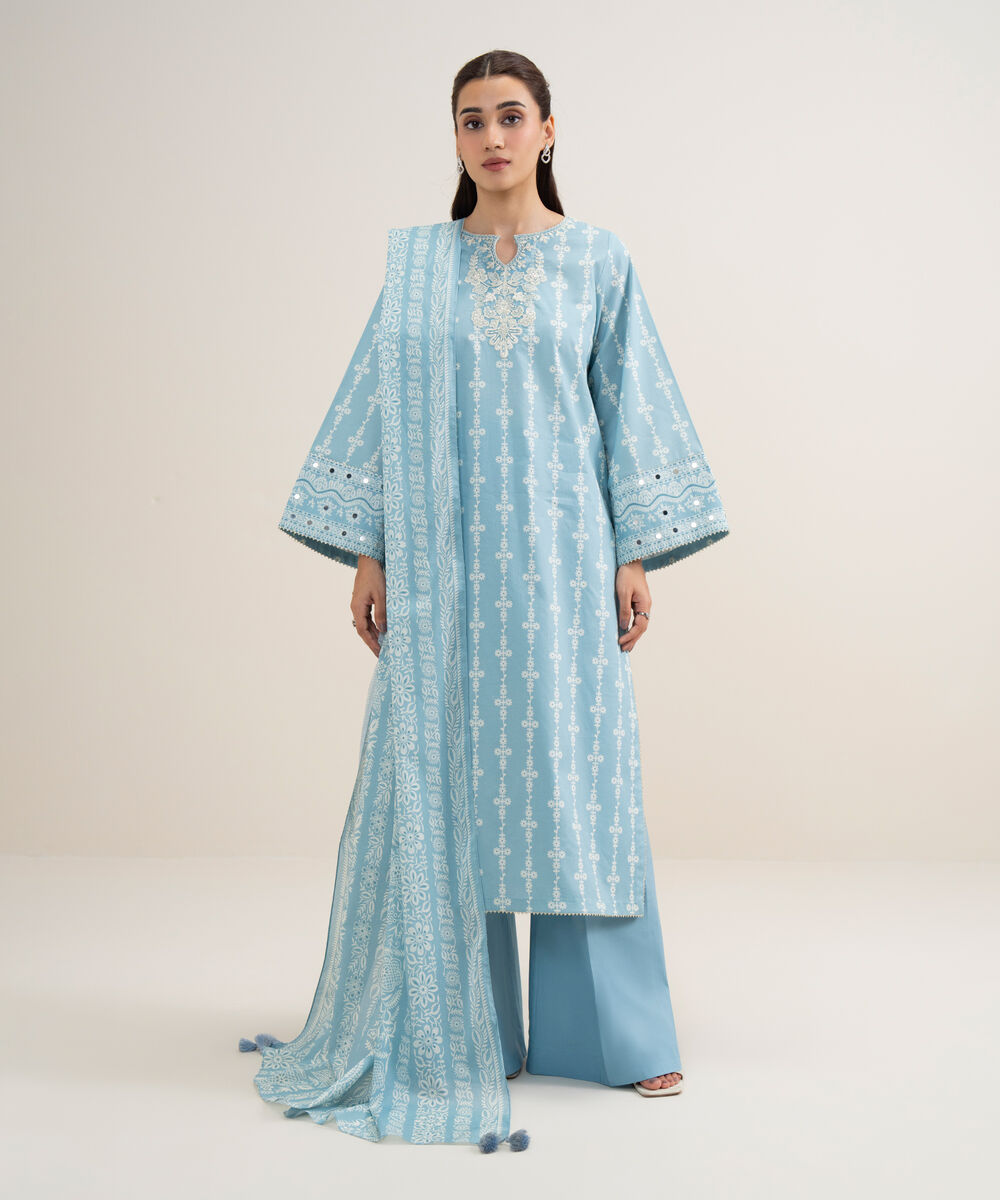 Women's Unstitched Lawn Embroidered Ice Blue 3 Piece Suit