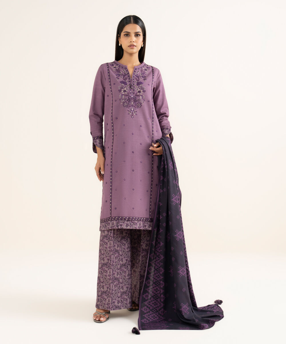 Women's Unstitched Light Khaddar Embroidered Purple 3 Piece Suit