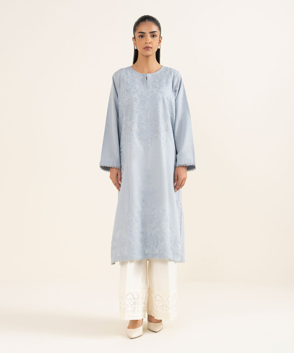 Women's RTW Cotton Embroidered A-Line Ice Blue Shirt