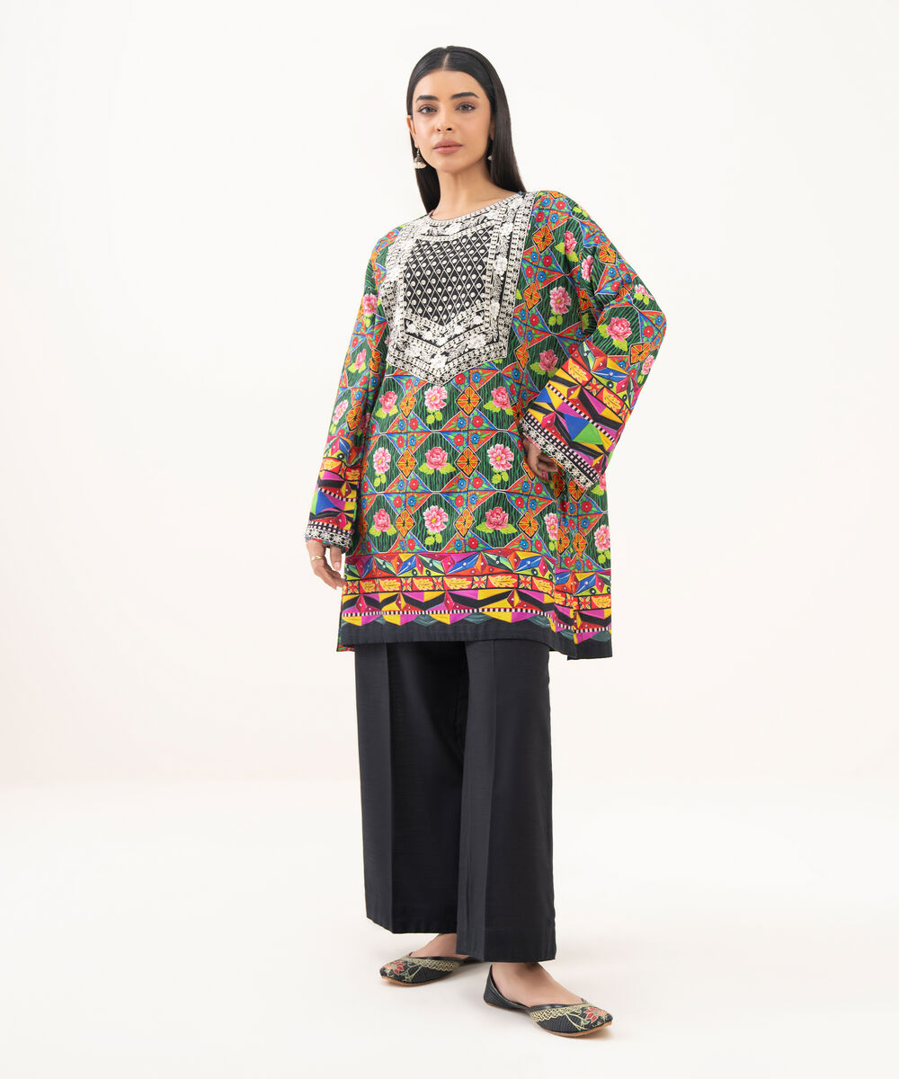Women's RTW Light Khaddar Embroidered Green Boxy Shirt