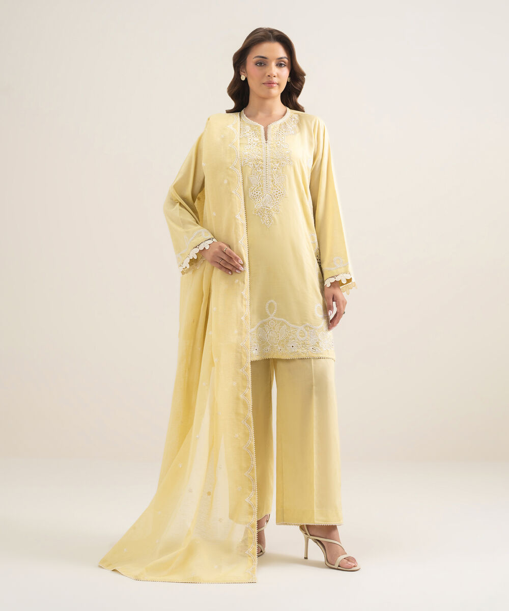 Women's RTW Self Jacquard Embroidered Yellow Straight Shirt