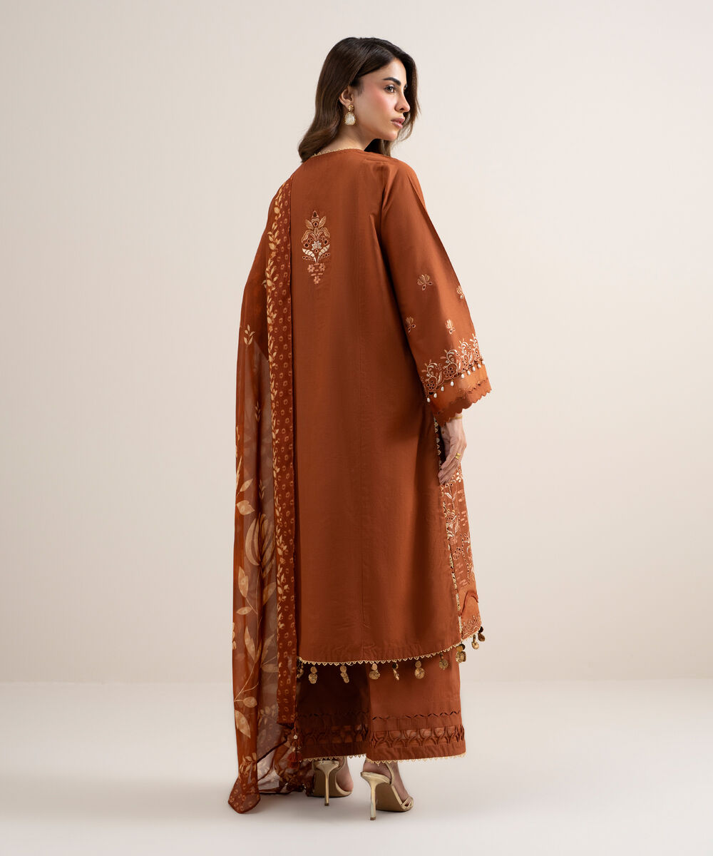 Women's Unstitched Dobby Embroidered Orange 3 Piece Suit