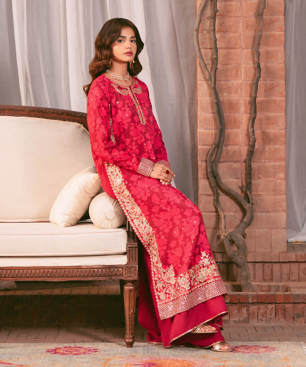 Women's RTW Viscose Raw Silk Pink Embroidered Two Piece Suit
