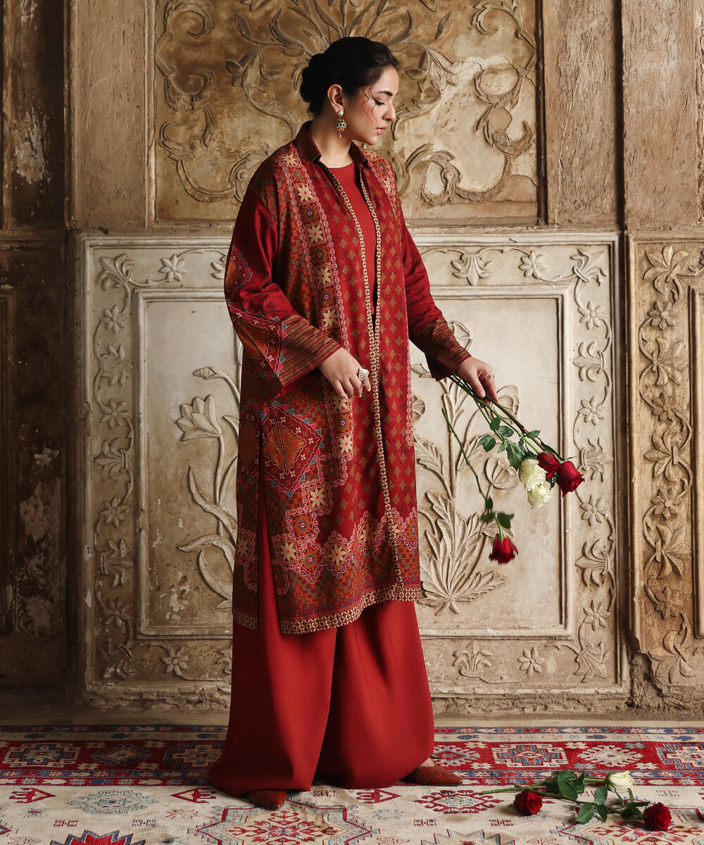 Women's Unstitched Viscose Khaddar Printed Red 2 Piece Suit