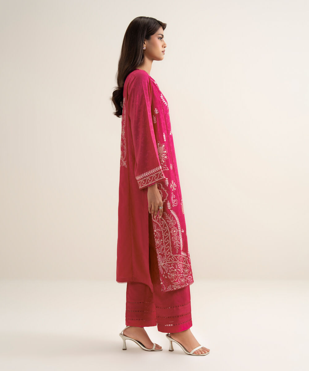 Women's RTW Arabic Self Jacquard Embroidered Pink A-Line Shirt