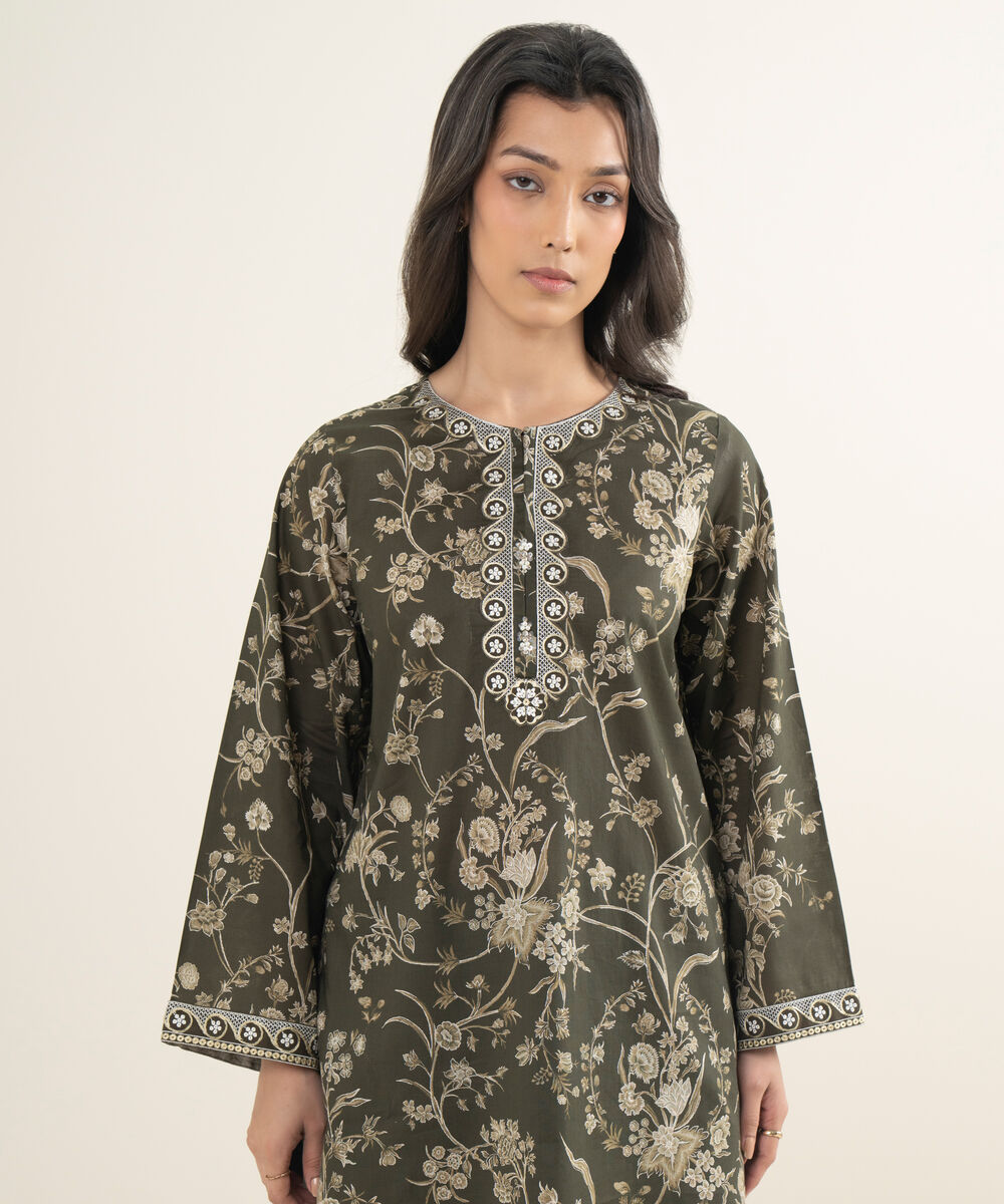Women's RTW Crosshatch Embroidered Green Straight Shirt