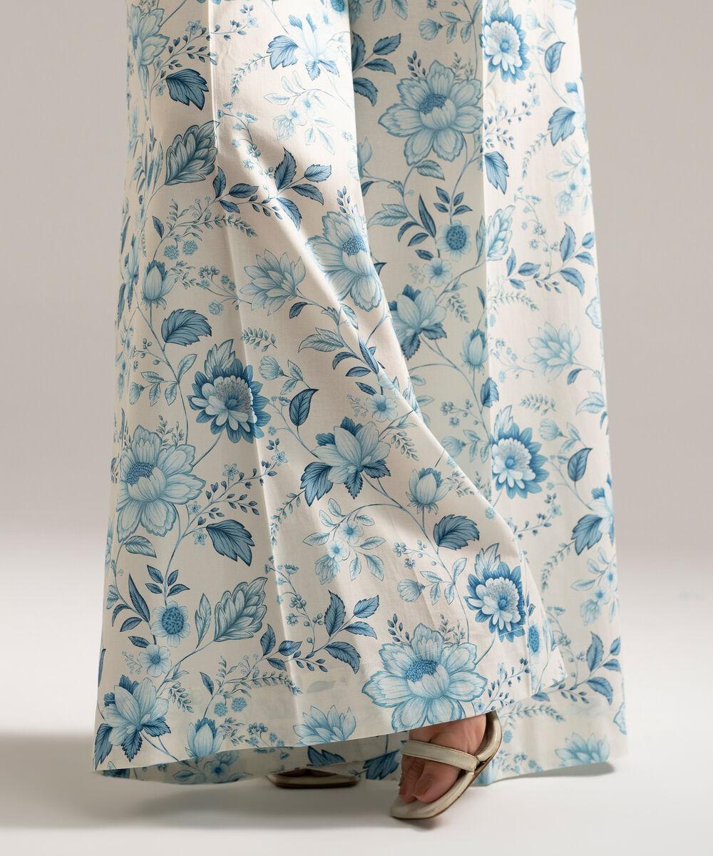 Women's RTW Cambric Printed White Flared Pants