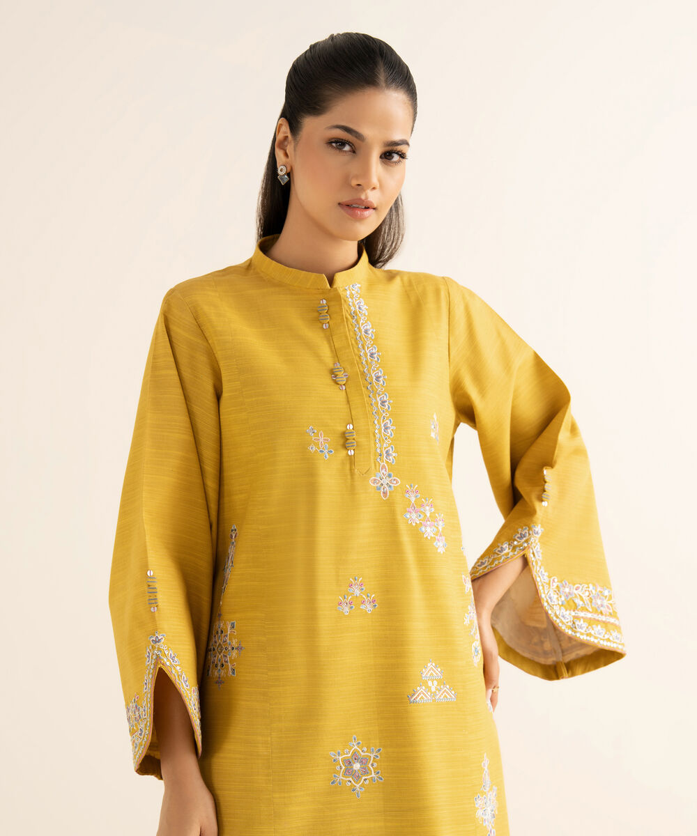 Women's Unstitched Zari Khaddar Embroidered Yellow 2 Piece Suit
