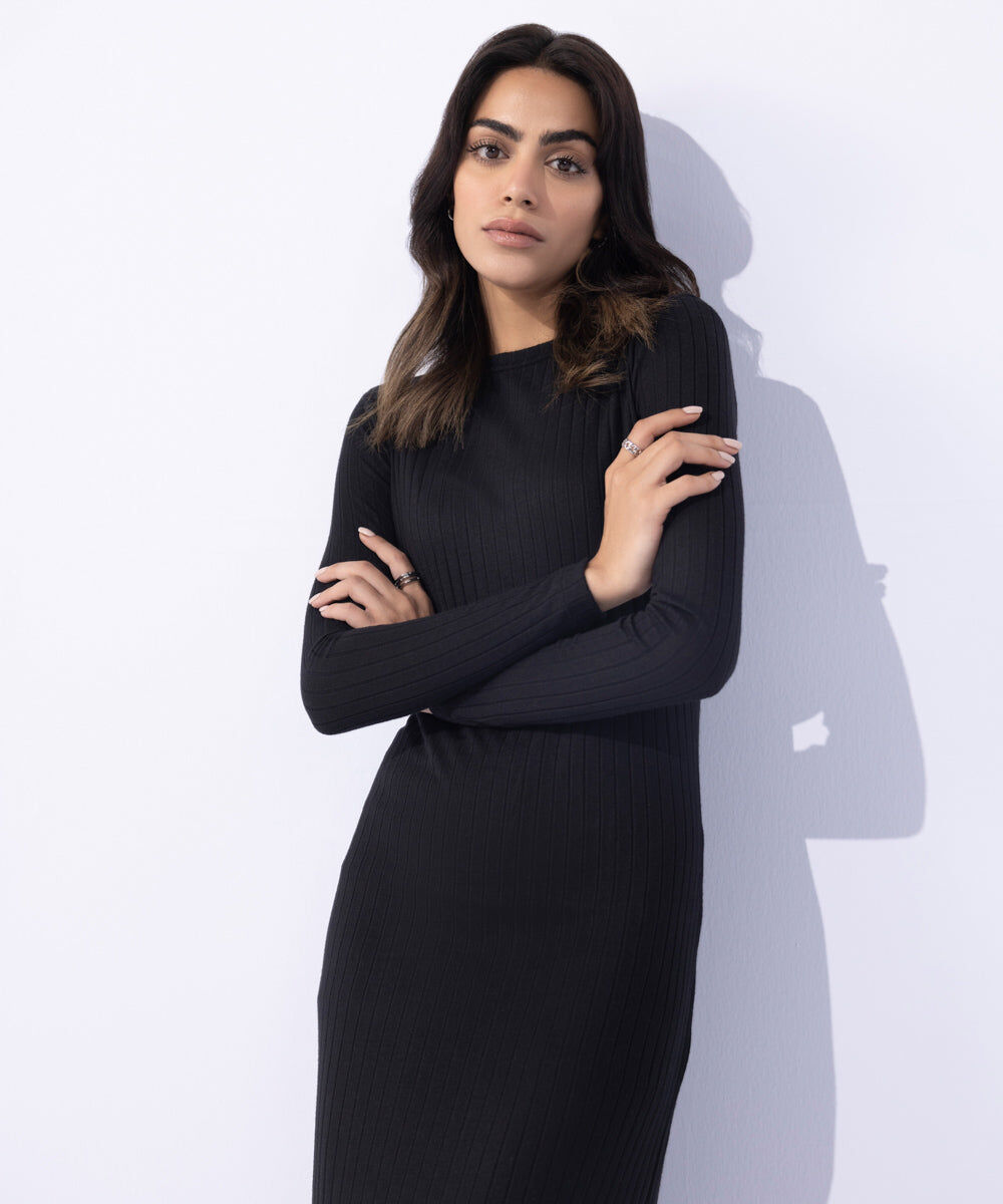 Woman - Black Jersey Ribbed Dress