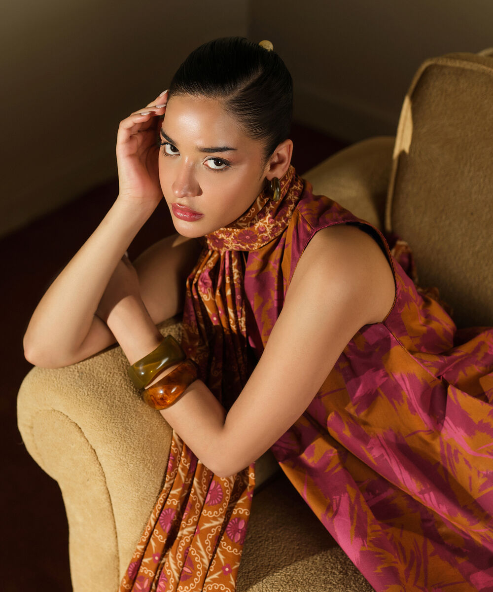 Women's Unstitched Lawn Printed Orange 3 Piece Suit