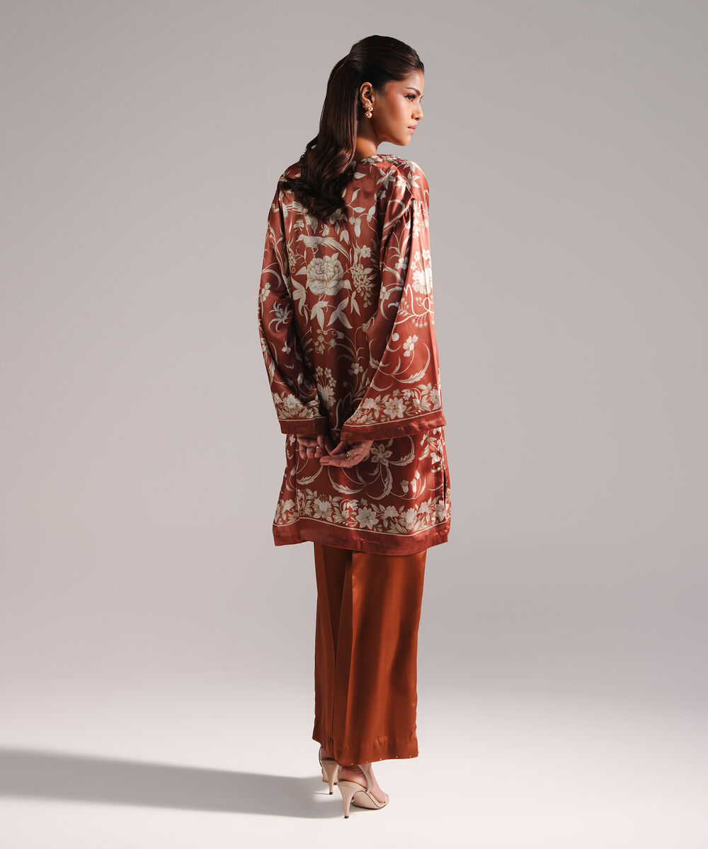 Women's RTW Blended Satin Printed Brown 2 Piece Suit