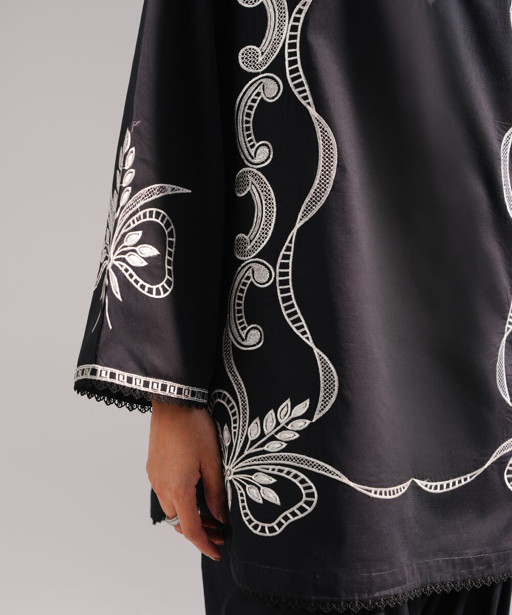 Women's RTW Slub Lawn Embroidered Black Straight Shirt