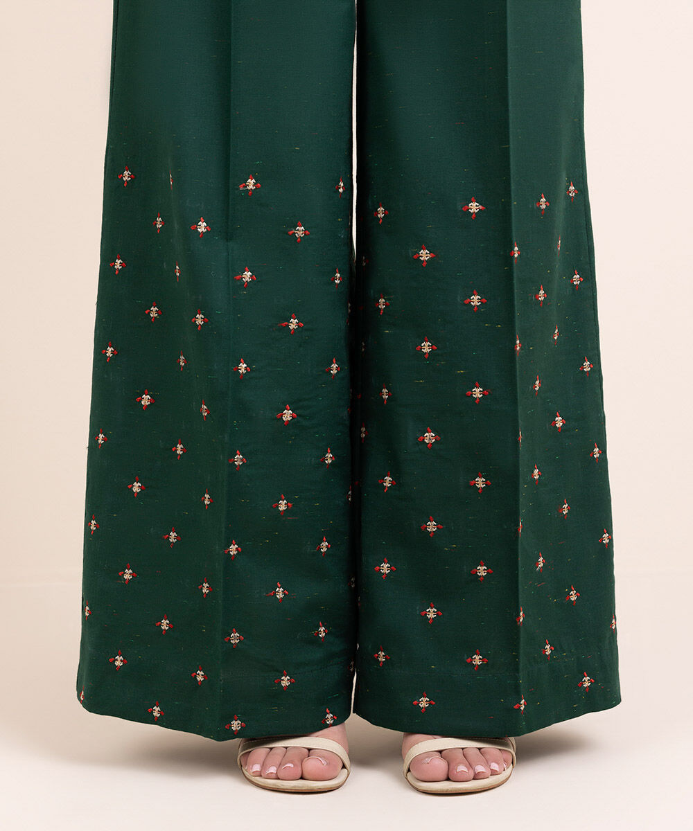 Women's Pret Multineps Green Embroidered Flared Pants
