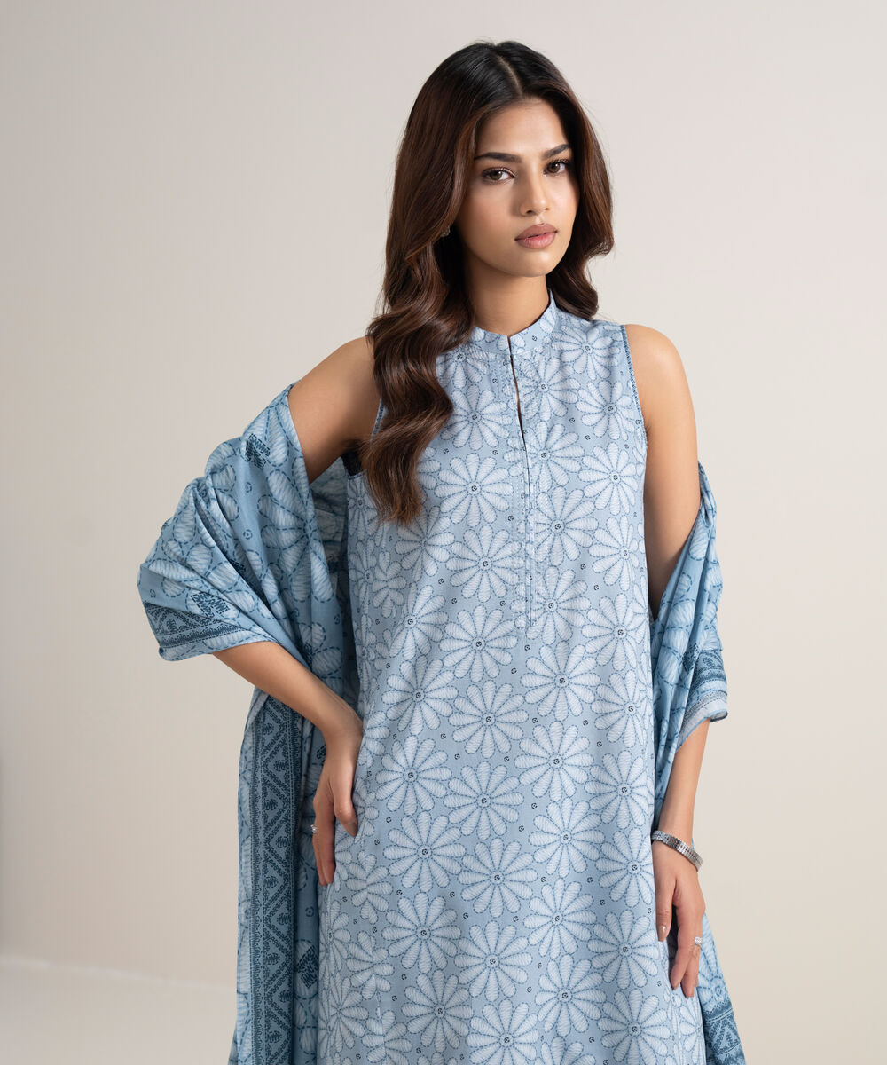 Women's Unstitched Lawn Embroidered Ice Blue 3 Piece Suit