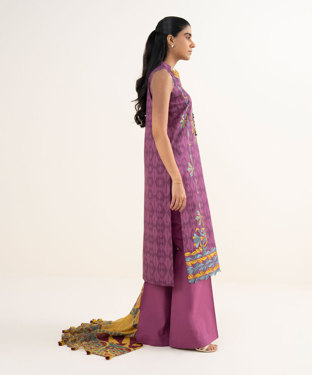Women's Unstitched Lawn Embroidered Purple 3 Piece Suit