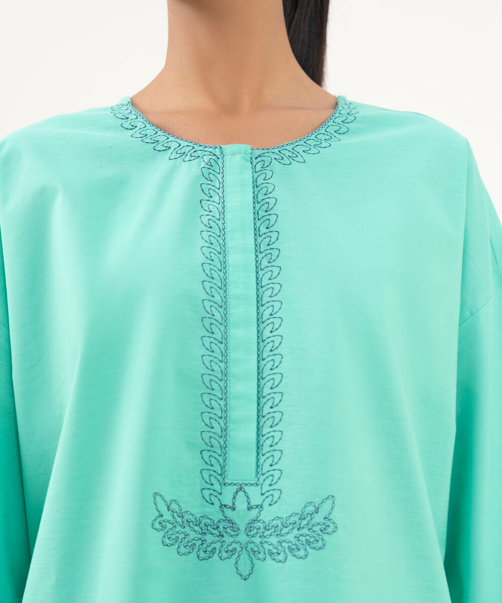 Women's RTW Textured Cotton Green Embroidered Drop Shoulder Shirt