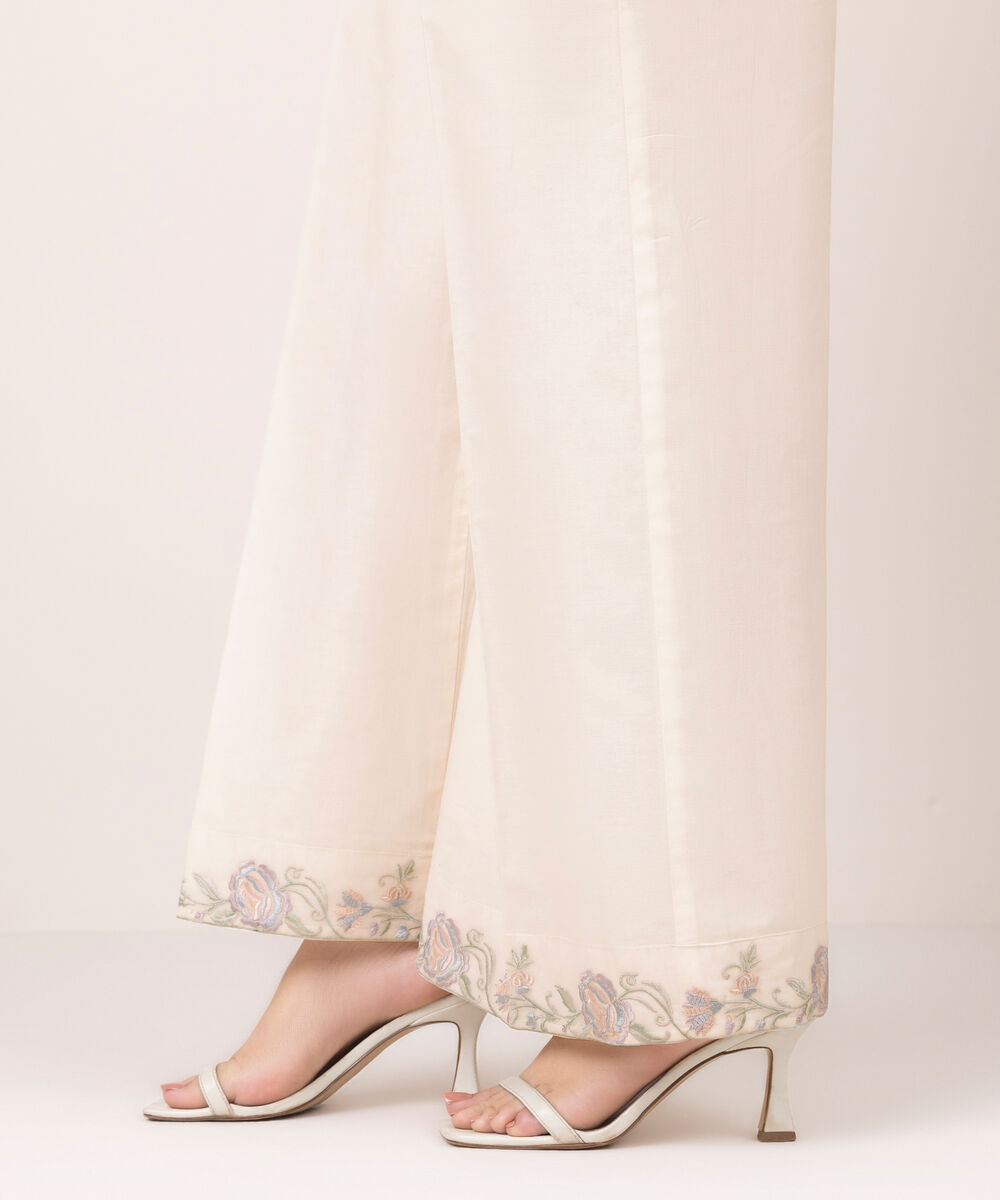 Women's RTW Cambric Embroidered Off White Flared Pants