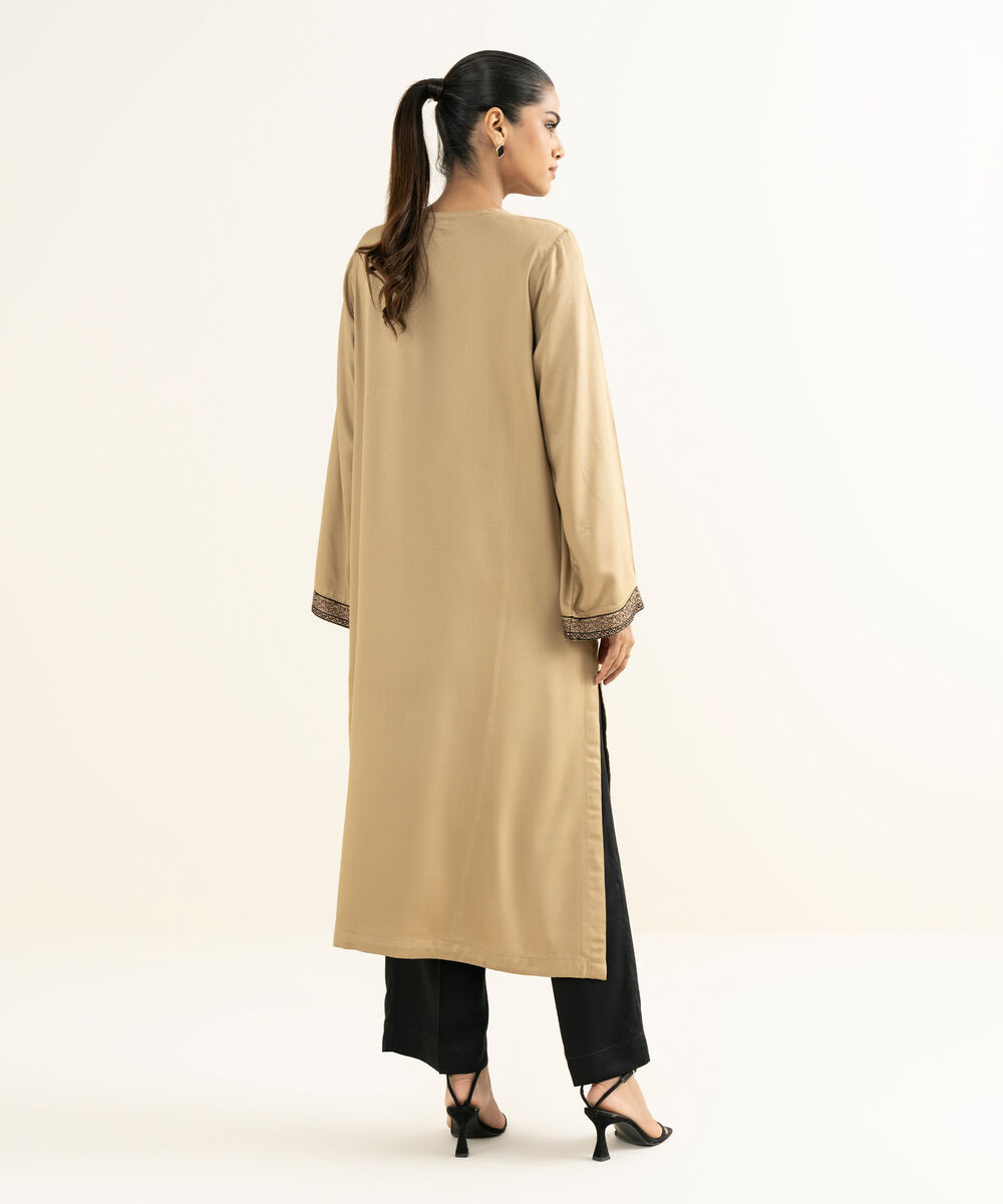 Women's RTW Linen Viscose Embroidered Beige Straight Shirt