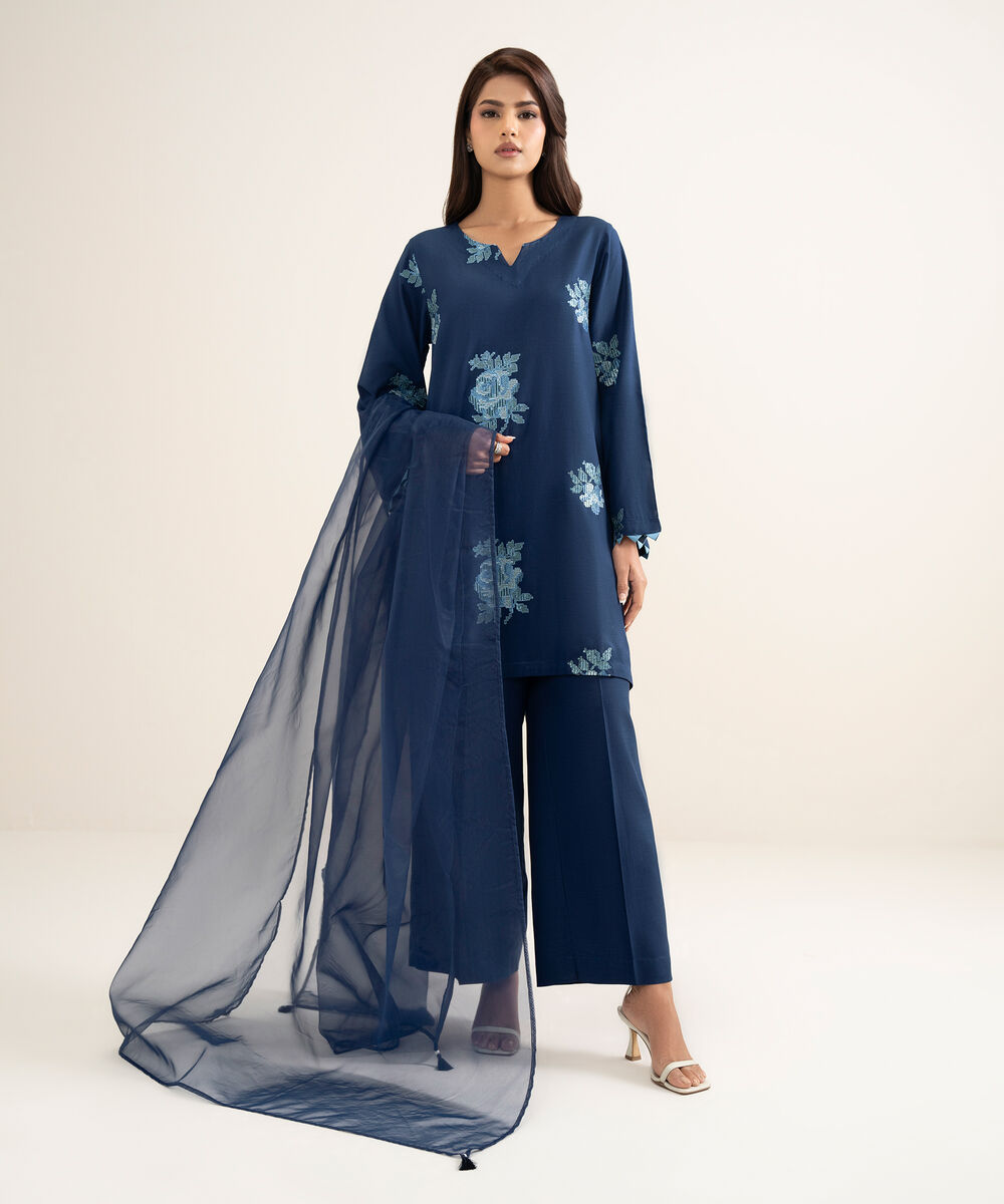 Blended Organza Solid Blue Dupatta