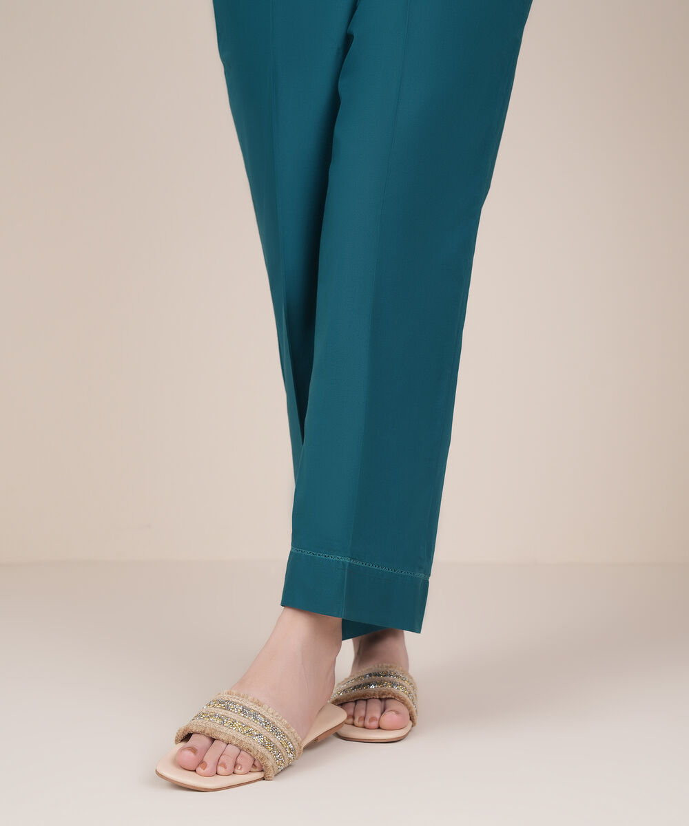 Women's RTW Cambric Blue Solid Straight Pants