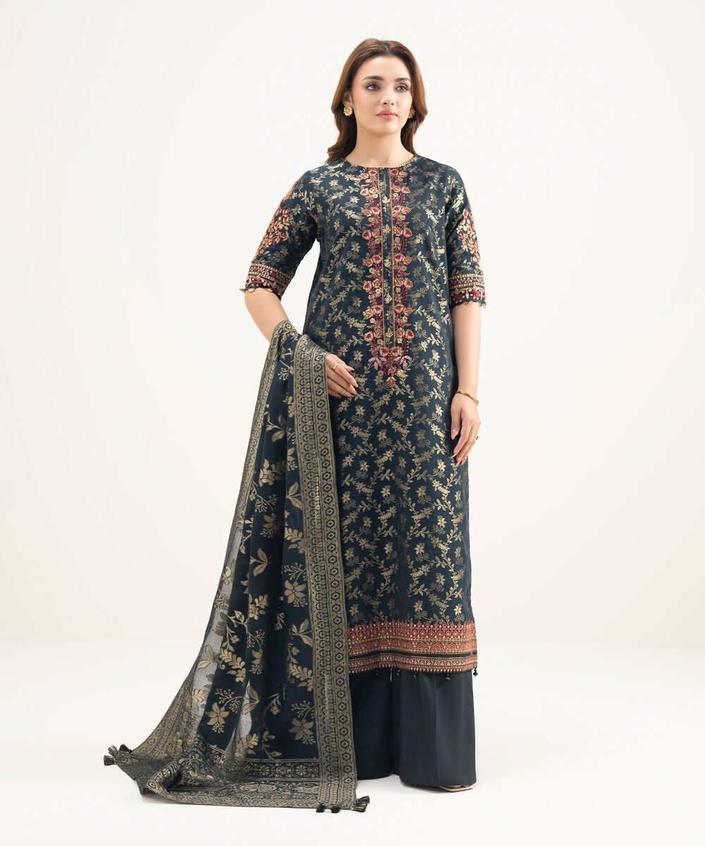 Women's Unstitched Extra Weft Jacquard Embroidered Black 3 Piece Suit