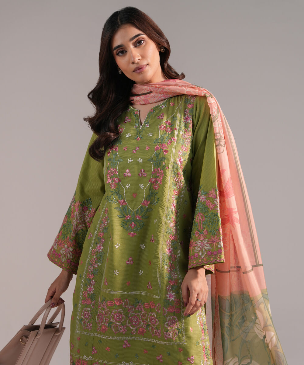 Women's RTW Zari Lawn Embroidered Green 3 Piece Suit
