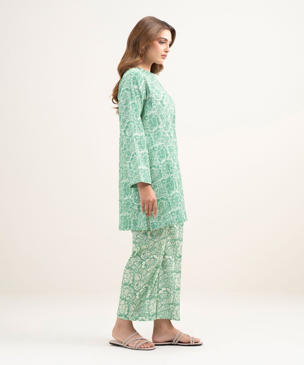 Women's RTW Seersucker Printed Green Straight Shirt