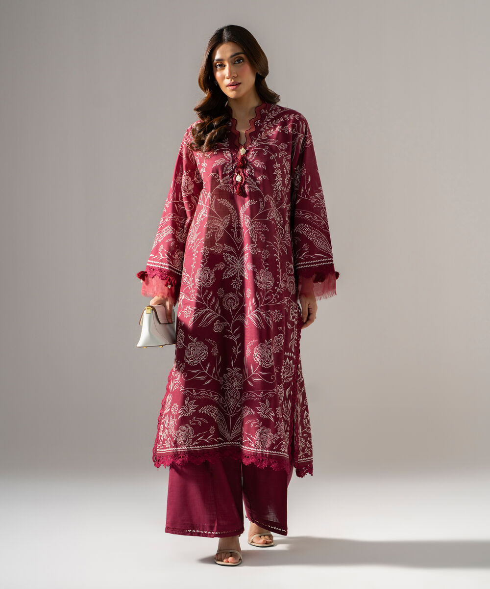 Women's RTW Printed Cross Hatch Maroon A-Line Shirt