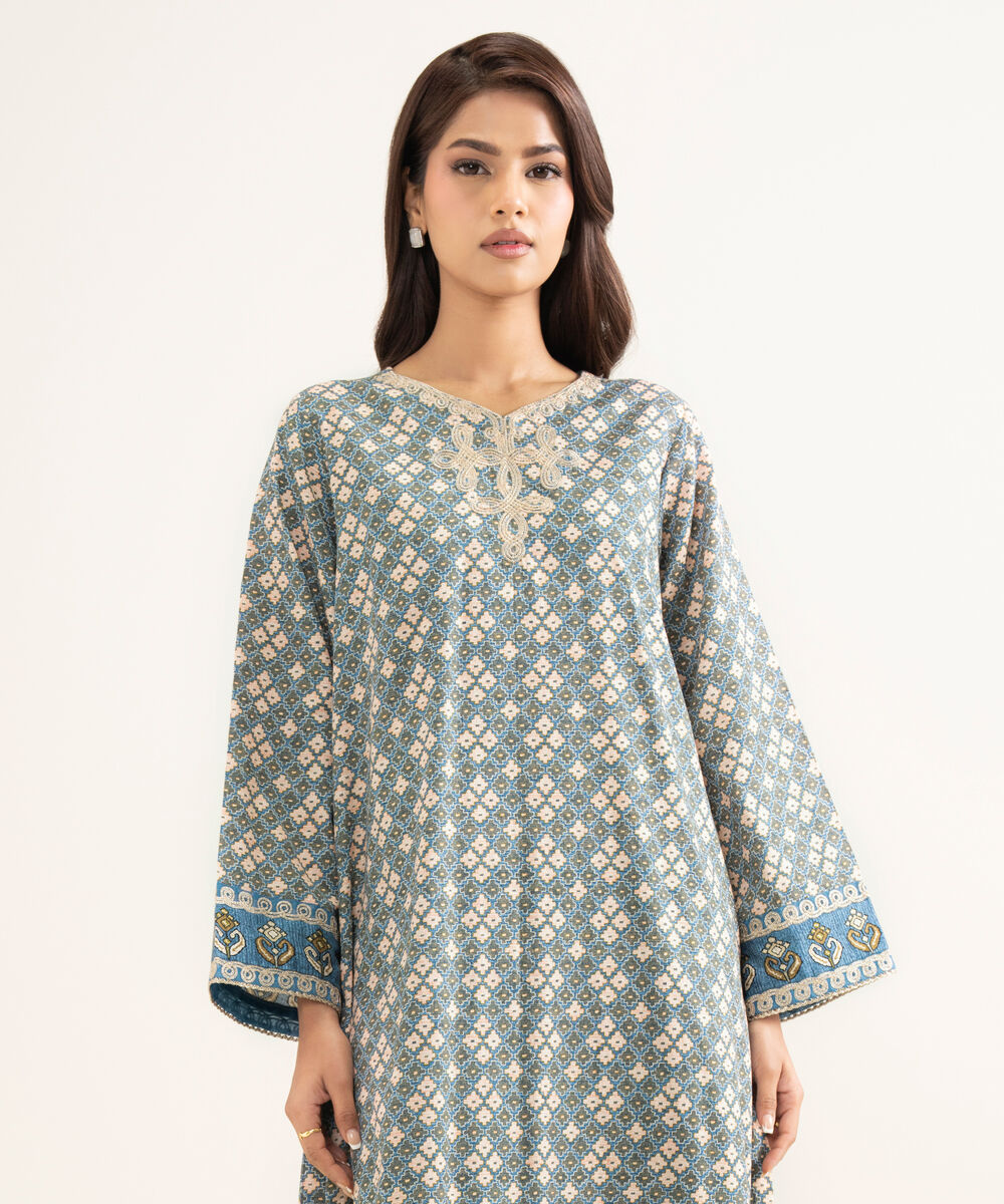Women's RTW Lawn Embroidered Blue A-Line Shirt