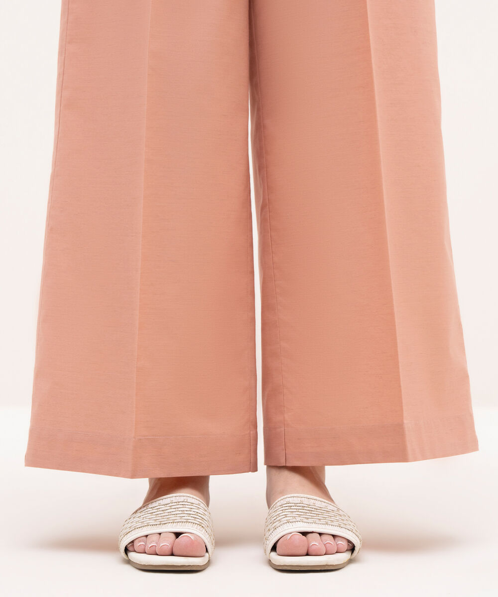 Women's RTW Textured Cotton Peach Solid Flared Pants
