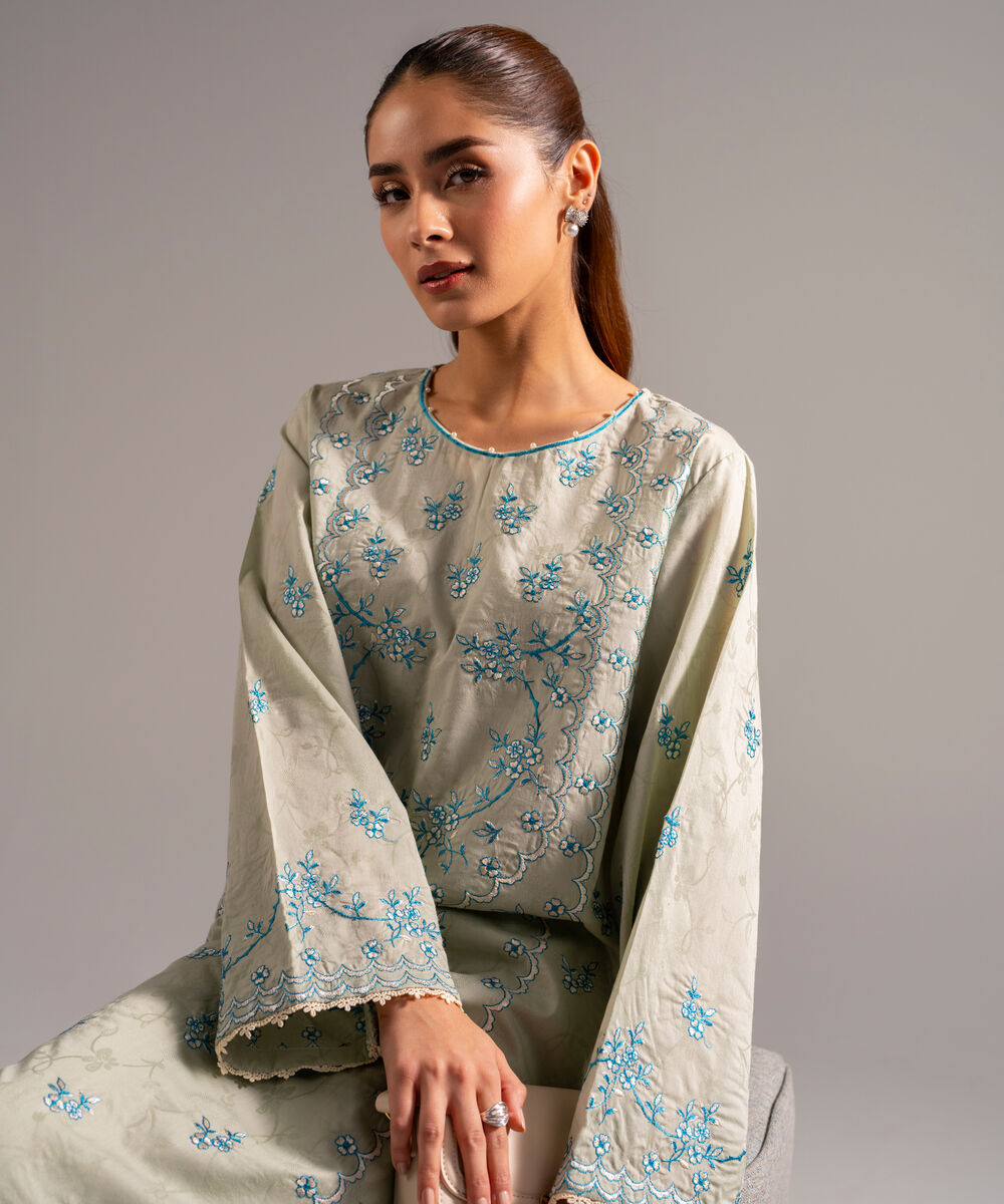 Women's RTW Self Jacquard Embroidered Green 2 Piece Suit