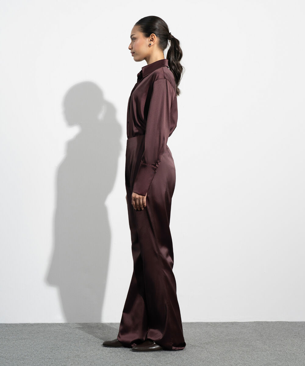 Women's Western Maroon Wide Leg Satin Trousers