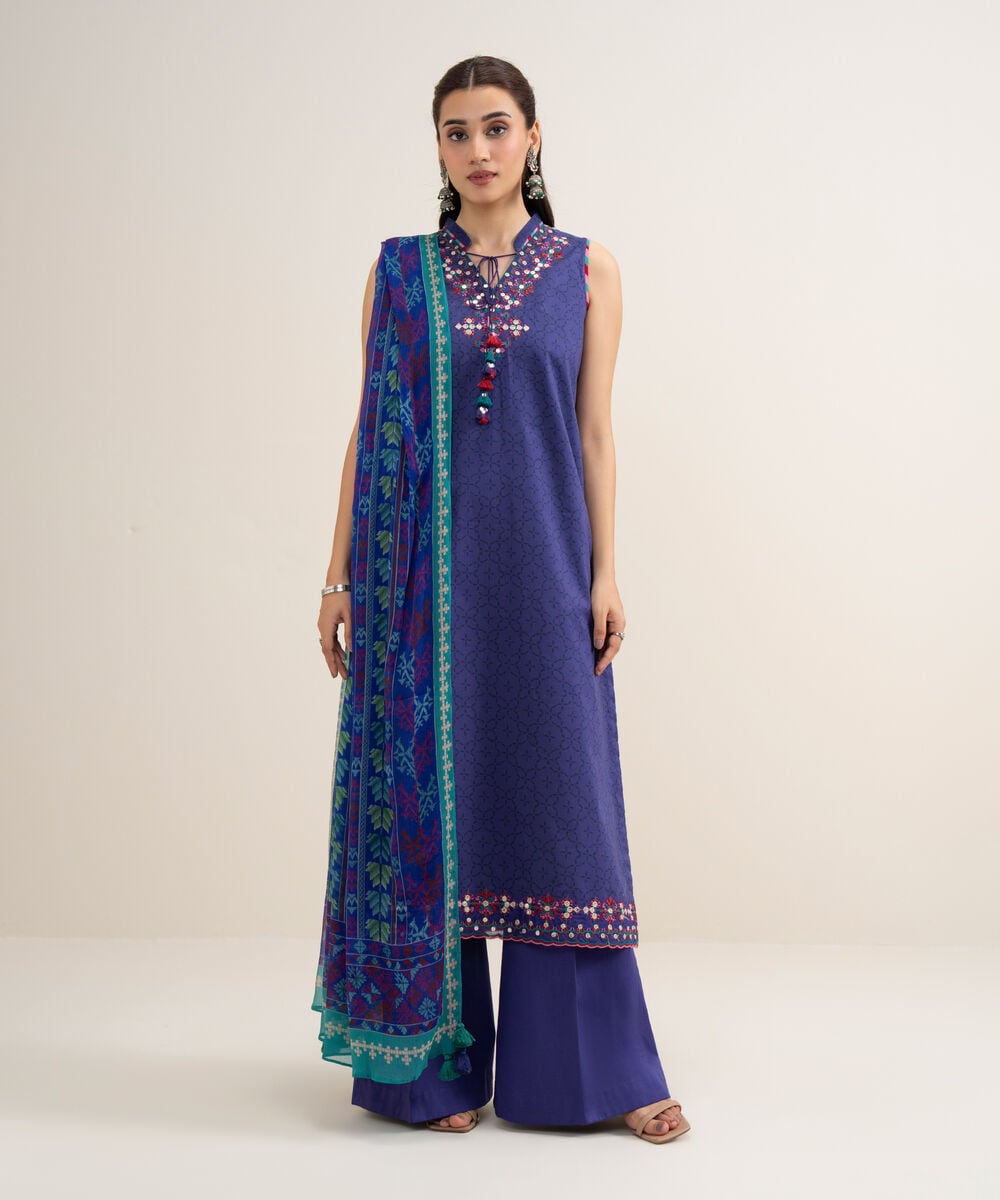 Women's Unstitched Lawn Embroidered Blue 3 Piece Suit