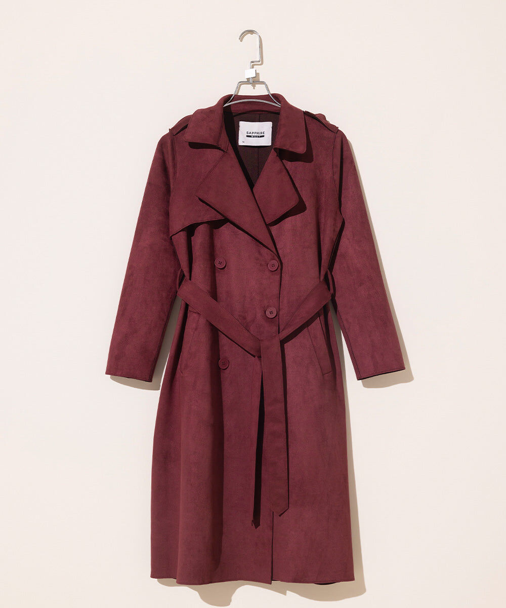 Woman - Red Suede Trench Coat with Belt