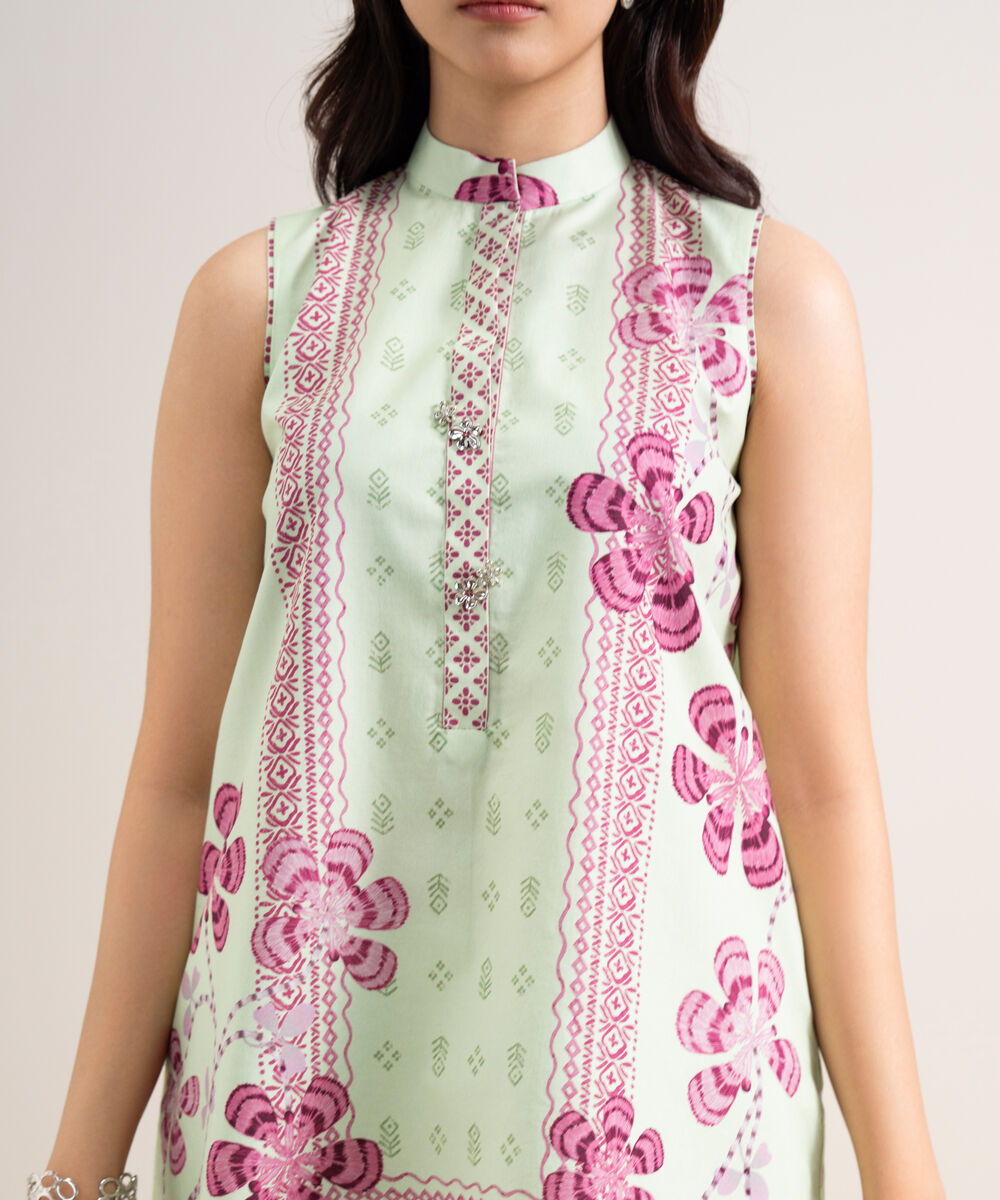Women's Unstitched Cotton Printed Light Green  3 Piece Suit