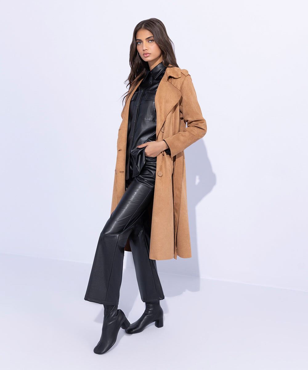 Woman - Brown Suede Trench Coat with Belt