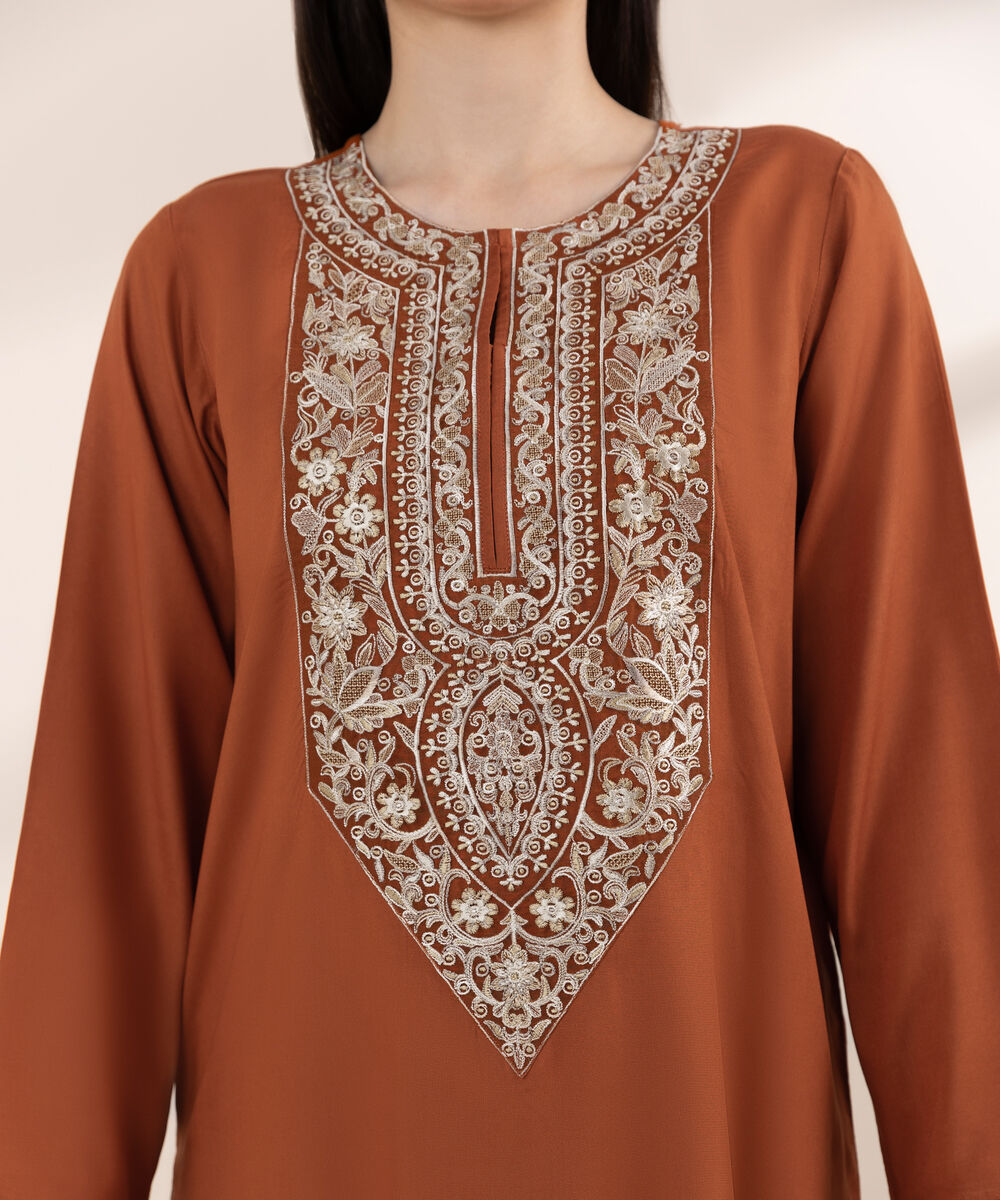 Women's RTW Arabic Lawn Orange Embroidered A-Line Shirt