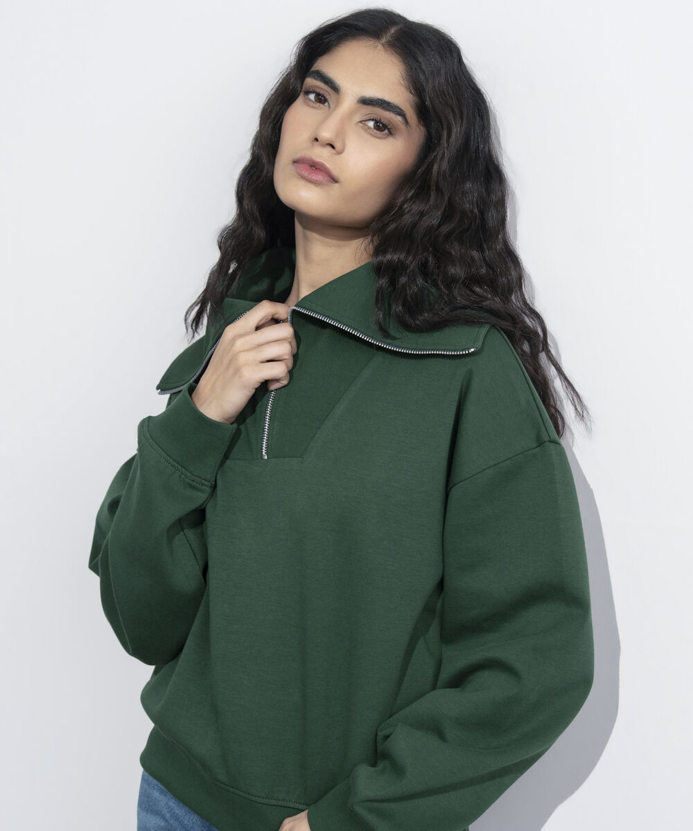Women's Western Wear Green Zip-Up Interlock Sweatshirt