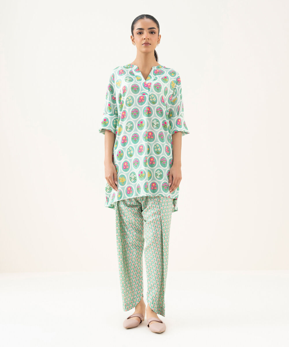 Women's RTW Linen Viscose Printed Turquoise Drop Shoulder Shirt