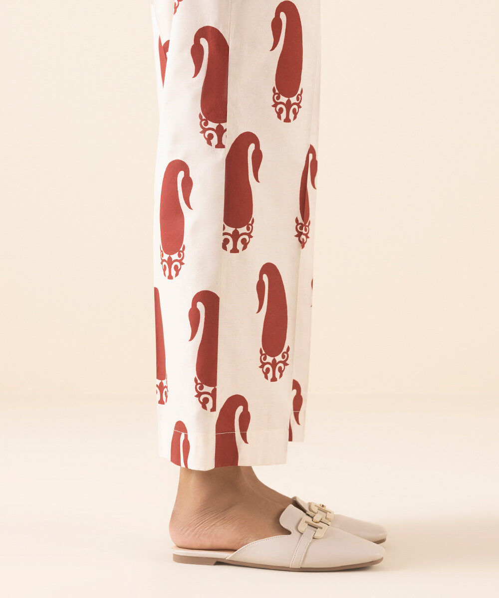 Woman - White Printed Cambric Straight Pants