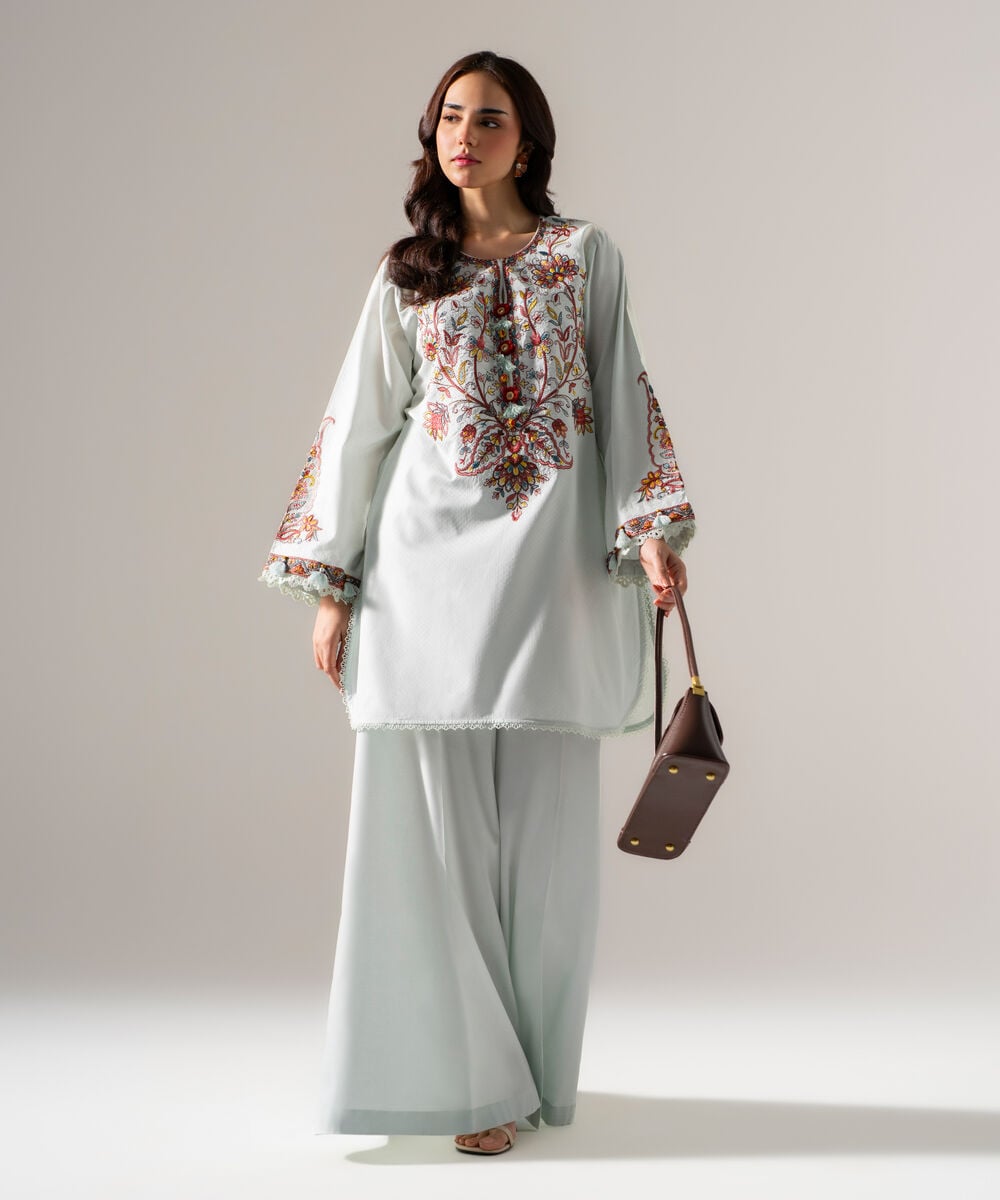 Women's RTW Dobby Solid Embroidered Blue Straight Shirt