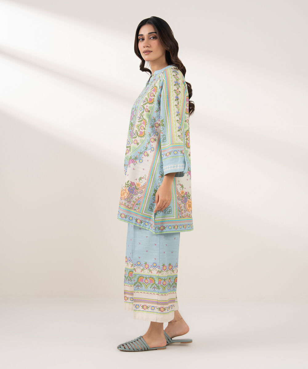 Women's RTW Light Khaddar Printed Straight Blue Shirt