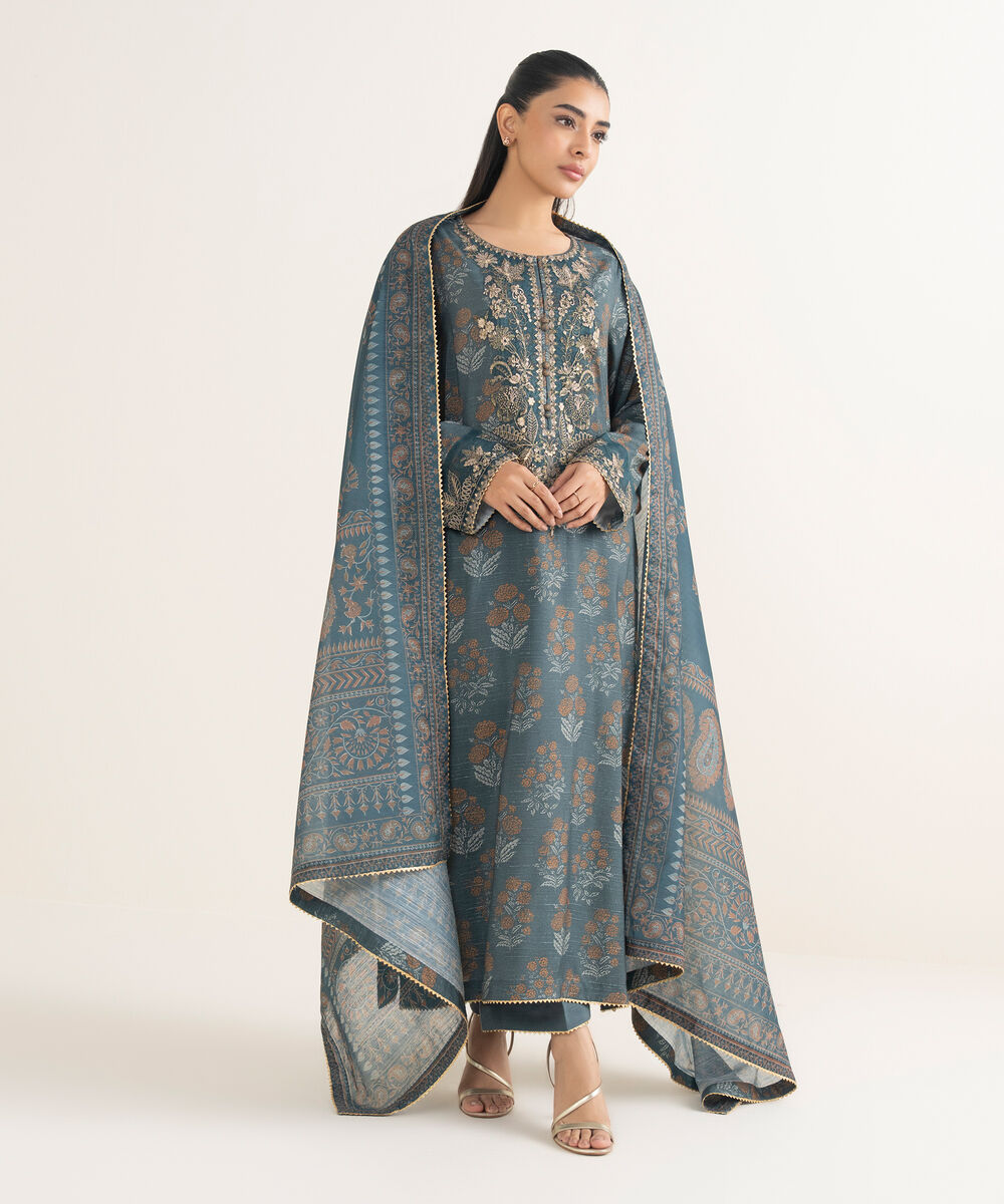 Women's RTW Dobby Embroidered Green 3 Piece Suit