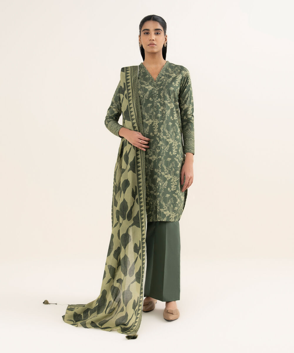 Women's Unstitched Lawn Printed Green 2 Piece Suit