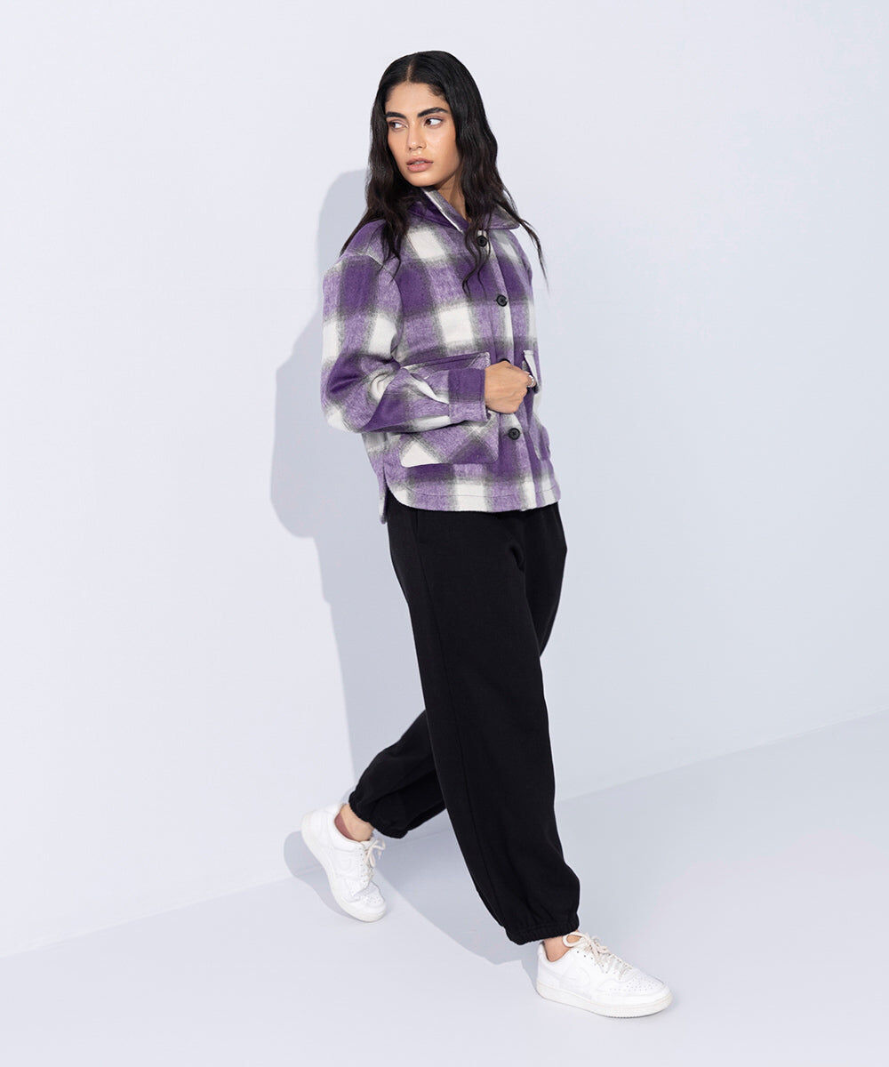 Woman - Purple Fuzzy Checkered Overshirt