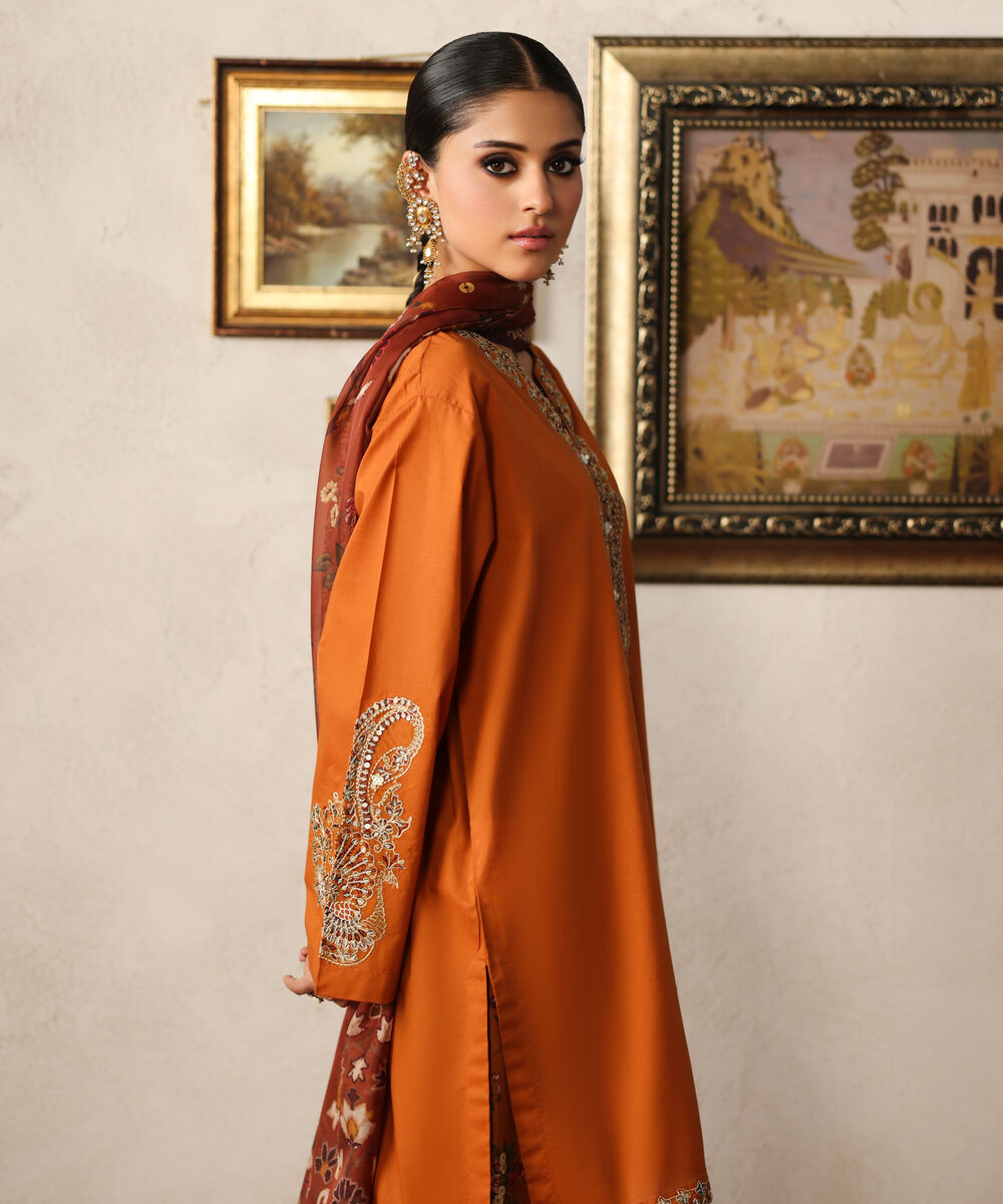 Women's RTW Slub Lawn Embroidered Brown Straight Shirt