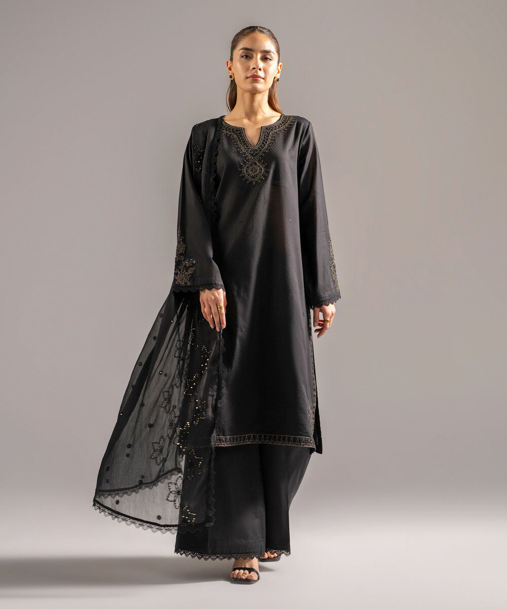 Women's RTW Dobby Embroidered Black 3 Piece Suit