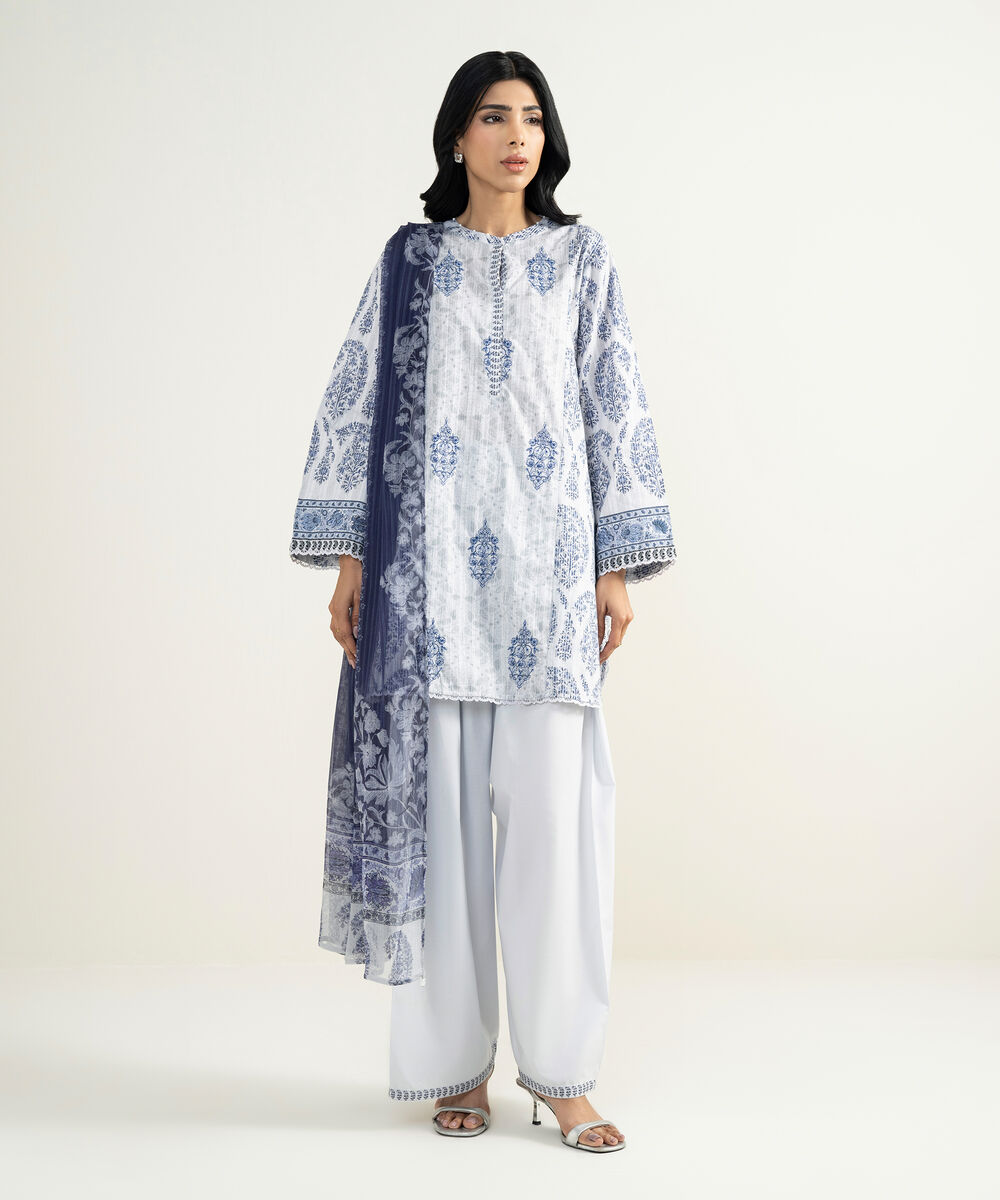 Women's RTW Cotton Embroidered Blue 3 Piece Suit