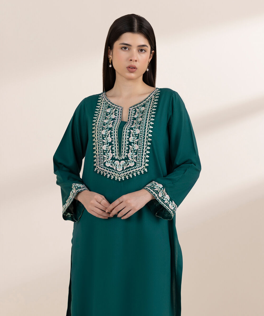 Women's RTW Arabic Lawn Green Embroidered A-Line Shirt